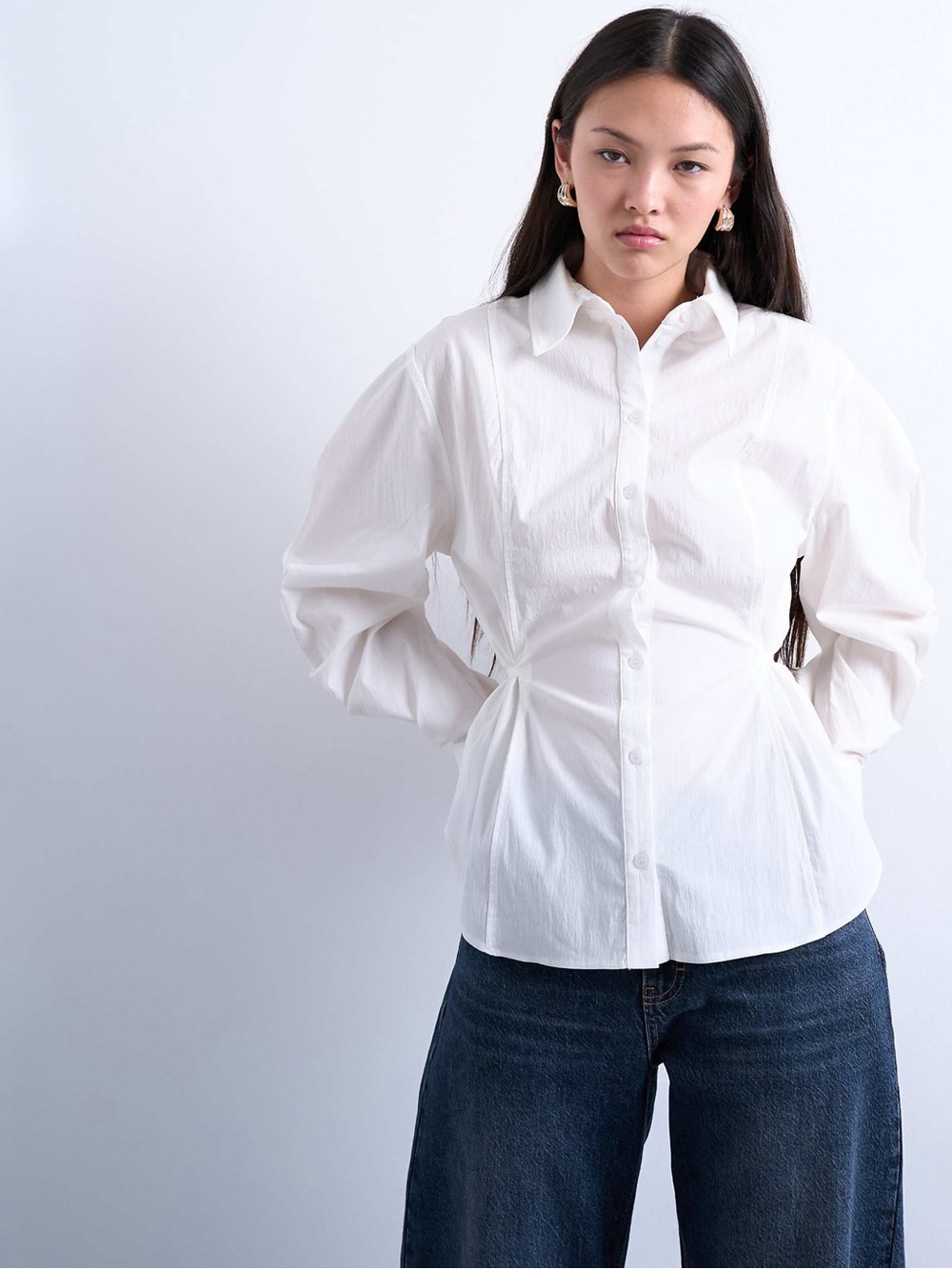 Topshop Women’s tie back waist long sleeve white button down shirt Size 14 US